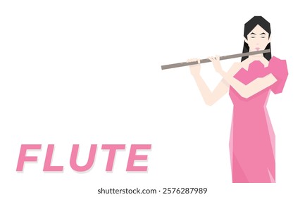 Isometric Woman plays the flute. Flute woodwind orchestral instrument. Flat Background.