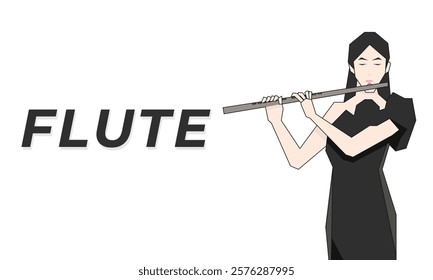 Isometric Woman plays the flute. Flute woodwind orchestral instrument. Flat Background.