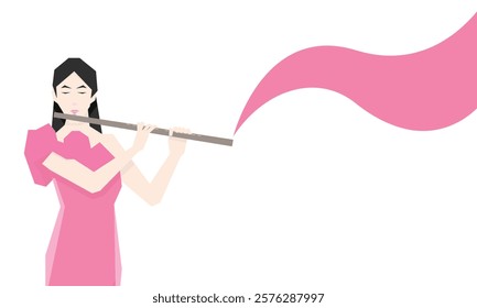 Isometric Woman plays the flute. Flute woodwind orchestral instrument. Flat Background.