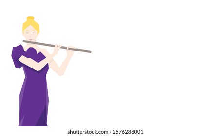 Isometric Woman plays the flute. Flute woodwind orchestral instrument. Flat Background.