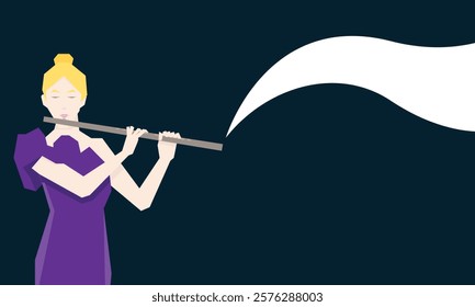 Isometric Woman plays the flute. Flute woodwind orchestral instrument. Flat Background.