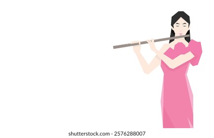 Isometric Woman plays the flute. Flute woodwind orchestral instrument. Flat Background.