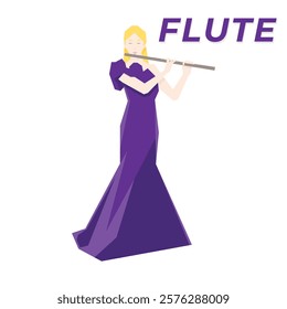 Isometric Woman plays the flute. Flute woodwind orchestral instrument. Flat Background.