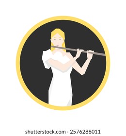 Isometric Woman plays the flute. Flute woodwind orchestral instrument. Flat Background.