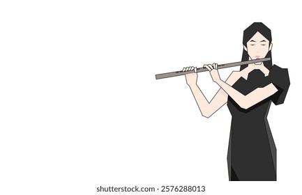 Isometric Woman plays the flute. Flute woodwind orchestral instrument. Flat Background.