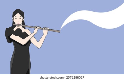 Isometric Woman plays the flute. Flute woodwind orchestral instrument. Flat Background.