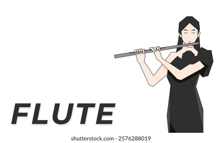 Isometric Woman plays the flute. Flute woodwind orchestral instrument. Flat Background.