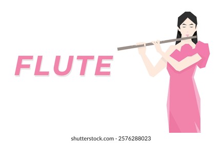 Isometric Woman plays the flute. Flute woodwind orchestral instrument. Flat Background.