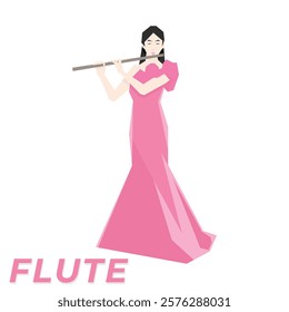 Isometric Woman plays the flute. Flute woodwind orchestral instrument. Flat Background.