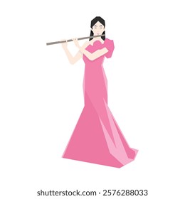 Isometric Woman plays the flute. Flute woodwind orchestral instrument. Flat Background.