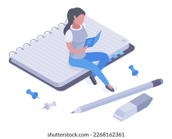 Isometric woman reading book. Female student studying, exam preparation, tiny girl reading on huge notebook, college library 3d vector illustration