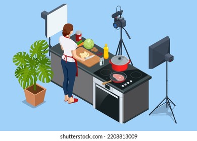 Isometric Woman Recording Video On Camera at Kitchen. Food Blogger or Cooking Video Blog Concept. Online Cooking Chef Courses.