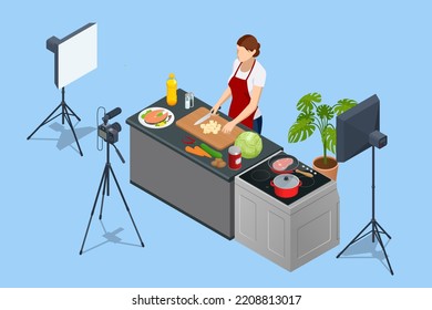 Isometric Woman Recording Video On Camera at Kitchen. Food Blogger or Cooking Video Blog Concept. Online Cooking Chef Courses.