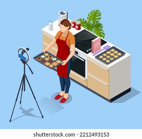 Mujer isométrica grabando video a cámara en cocina. El chef hace galletas manualmente sobre la mesa. Bloguero de comida o concepto de videoblog de cocina. Cursos de Chef de Cocina en Línea.