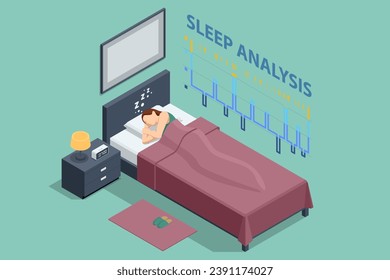 Isometric woman relies on gadgets during sleep. An app on a fitness tracker analyzes her heart while she sleeps a smartwatch monitors her sleep patterns.