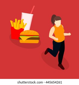 Isometric woman runs. Flat 3D illustration