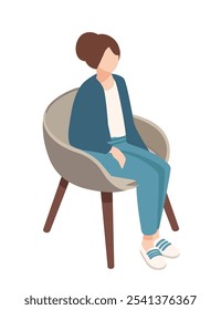 Mujer isométrica sentada en una silla moderna con una postura casual, un entorno relajado o conversacional. Ideal para representar discusiones informales o imágenes cómodas del espacio de trabajo. Ilustración vectorial.