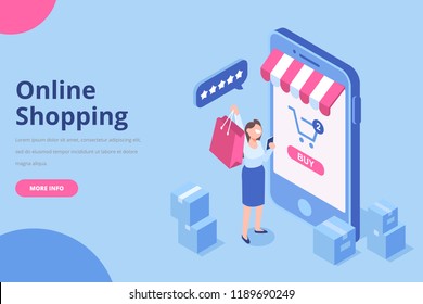 Isometric woman with shopping bag. Big sale. Happy shopper. Online Shopping concept. Flat vector isolated  illustration.