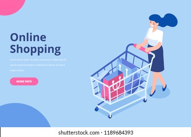 Isometric woman with shopping cart. Shopping and  Supermarket concept. Flat vector isolated  illustartration.