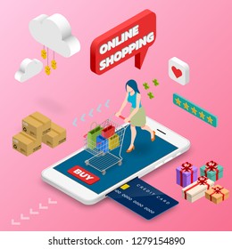 Isometric woman shopping on smart phone. E-commerce online concept female person with shopping cart, technology store.