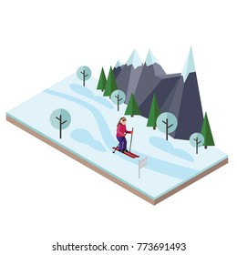Isometric woman skiing. Cross country skiing, winter sport. Olimpic games, recreation lifestyle, activity speed extreme