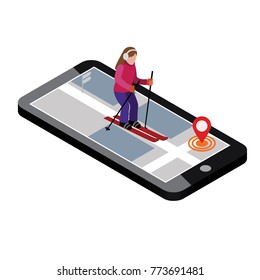 Isometric woman skiing. Searching for cross country skiing in city. Winter sport. Mobile navigation. Olimpic games, recreation lifestyle, activity speed extreme