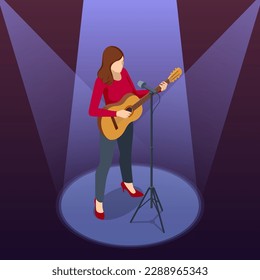 Isometric Woman Stands in Front of a Microphone, Plays the Guitar and Sings a Song. Classical Acoustic Six-String Guitar.