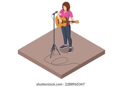 Isometric Woman Stands in Front of a Microphone, Plays the Guitar and Sings a Song. Classical Acoustic Six-String Guitar.