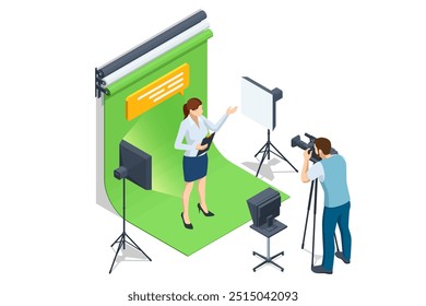 Isometric woman in the studio blank green background with soft box light, camera, tripod and backdrop. Expert Talk Politics, Science, News, Entertainment. Show production maker.