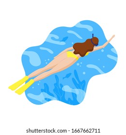 Isometric woman swimming in sea or ocean with snorkel, flippers and diving mask. Snorkeling, underwater life, active summer vacation concept. Vector illustration for web, design, advert, app