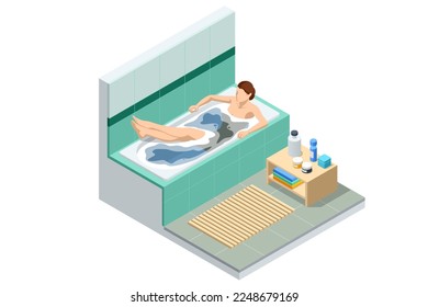 Isometric woman taking bath full of soap foam. Body hygiene, relaxing. Girl relaxing in bathtub