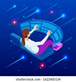 Isometric woman touching virtual interface. Creating innovative technologies. Businessman touching an icon on a touch screen monitor. Mixed media.
