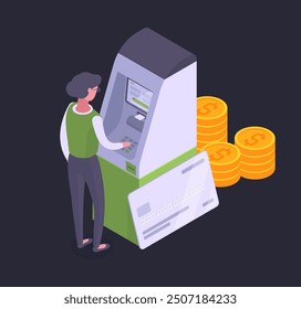 Isometric woman using ATM. Bank terminal, internet payment or cash withdraw 3D vector illustration. Banking payment or currency exchange scene