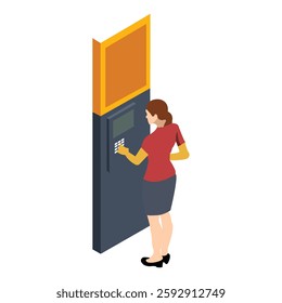 Isometric Woman Using ATM - Vector Illustration