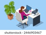 Isometric woman using modern printer in office. New modern printer. Business person sitting at table taking document from printer