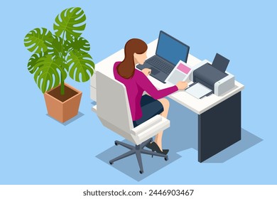 Isometric woman using modern printer in office. New modern printer. Business person sitting at table taking document from printer