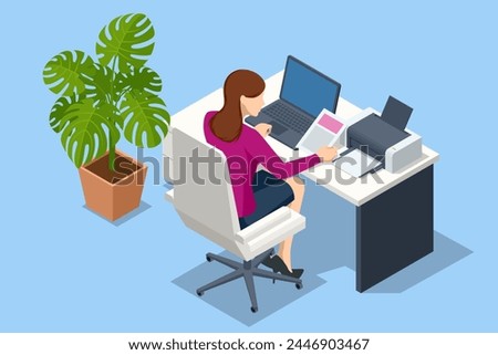 Isometric woman using modern printer in office. New modern printer. Business person sitting at table taking document from printer