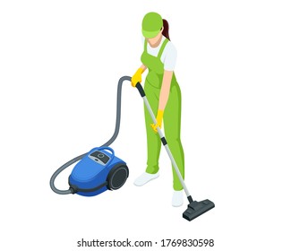 Isometric woman with a vacuum cleaners of various types isolated on white background. Washing and Cleaning service concept. Disinfection and cleaning.