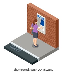 Isometric woman waiting for the credit card inserting from ATM Machine. ATM service machine of a bank. Automated teller machine