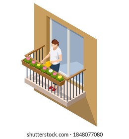 Isometric Woman Watering Flowers on Her outdoor Balcony in Summer. Open Outdoor Balcony With Metal Silver Railings isolated on background. svg