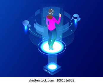 Isometric woman wearing goggle headset with touching vr interface. Into virtual reality world. Future technology.