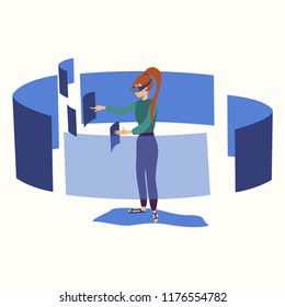 	
Isometric woman wearing goggle headset with touching vr interface. Into virtual reality world. Future technology. Stylish colours