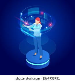Isometric woman wearing goggle headset with touching vr interface. Into virtual reality world. Future technology