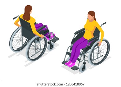 Isometric woman in a wheelchair using a ramp isolated. Chair with wheels, used when walking is difficult or impossible due to illness, injury, or disability. Medical support equipment.