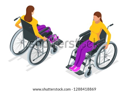 Isometric woman in a wheelchair using a ramp isolated. Chair with wheels, used when walking is difficult or impossible due to illness, injury, or disability. Medical support equipment.