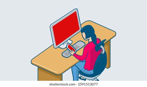 Isometric woman working at computer. Digital illustration of remote work setup. Minimalist aesthetic, suitable for technology or digital lifestyle projects.