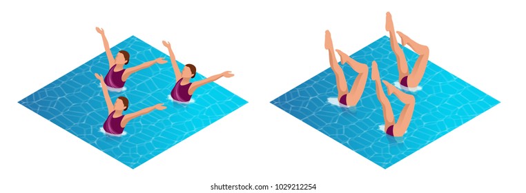 Isometric womans athlete on the performance of synchronized swimming performing art elements. Swimming sportswoman, swimmer team, water dance