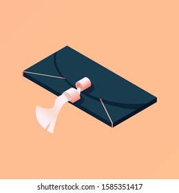 Isometric women black clutch isolated on peach background. Beautiful fashion illustration good for evening clothes boutique, stores and shop