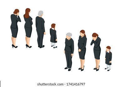 Isometric women and a child in black clothes. grief, loss of loved ones, funeral. 3D