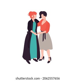 Isometric women friends composition with characters of girls embracing each other vector illustration